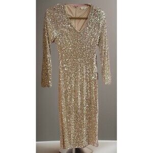 MABLE Gold Sequin Beaded Sheath Dress V-Neck Long Sleeve Midi Formal S Holiday